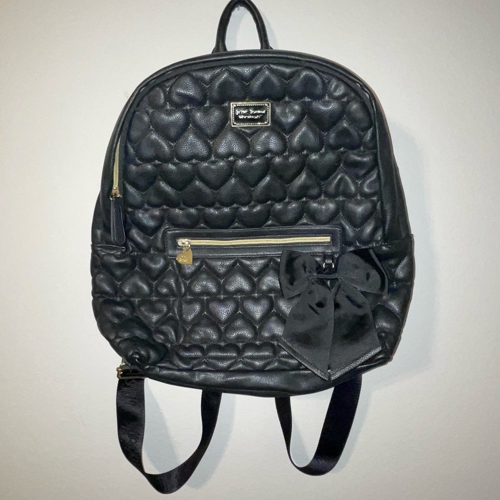Black Betsy Johnson Heart Patterned Leather Backpack With Bow
